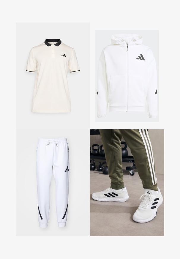 Casaco de capuz branco com fecho éclair. Apresenta um logótipo preto e detalhes nos ombros. Feito de material suave, com uma textura lisa. Inclui bolsos frontais.; Camisa polo creme com colarinho preto e riscas. Veste-se com uma pala de três botões. O lado esquerdo do peito apresenta um logo da Adidas em preto. Textura de tecido macio.; Calças de treino brancas com detalhes pretos, feitas de tecido macio, com cintura elástica, fecho de cordão e bolsos laterais.; Ténis de desporto brancos com riscas pretas, textura em malha e colarinho acolchoado, combinados com calças verde-oliva com riscas brancas laterais.