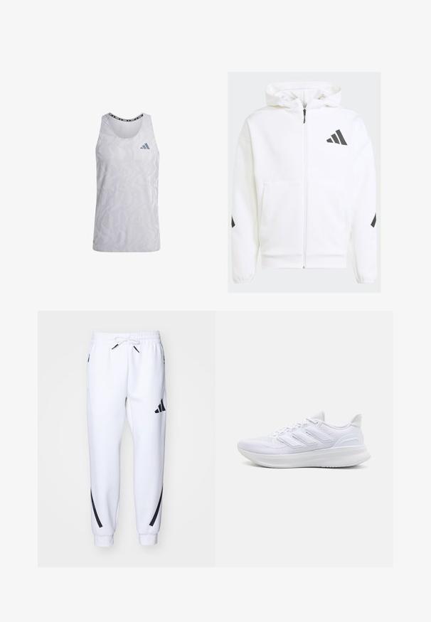 Hvid zip-up hættejakke med hætte. Har sort logo og accenter på skuldrene. Fremstillet af blødt materiale med glat tekstur. Foran er der lommer.; adidas Performance ULTIMATE ENGINEERED - Top - halo silver; Hvide atletiske joggingbukser med sorte accenter, lavet af blødt stof, med elastisk talje, snorelukning og sidelommer.; Hvide sportssko med en tekstureret mesh-overdel, en støttende polstret sål og et tre-stripes design på siden.