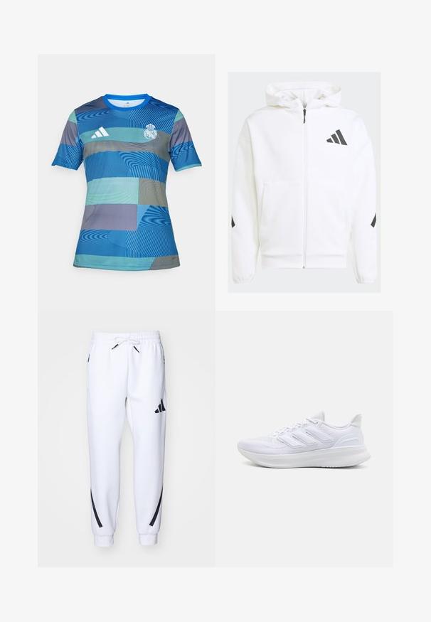 White zip-up hoodie with a hood. Features black logo and accents on shoulders. Made from soft material, smooth texture. Front pockets included.; Blue football jersey featuring a geometric pattern in varying shades of blue and green, short sleeves, round neck, and Adidas logo.; White athletic joggers with black accents, made from soft fabric, featuring an elastic waistband, drawstring closure, and side pockets.; White athletic shoes featuring a textured mesh upper, supportive cushioned sole, and three stripe design on the side.