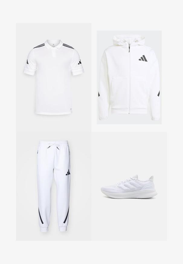 Felpa bianca con zip e cappuccio. Presenta un logo nero e dettagli neri sulle spalle. Realizzata in materiale morbido, con una texture liscia. Tasche frontali incluse.; Polo bianco realizzato in tessuto leggero, con strisce nere sulle spalle e un colletto con due bottoni. Maniche corte con polsini.; Pantaloni da jogging bianchi con dettagli neri, realizzati in tessuto morbido, dotati di vita elasticizzata, chiusura con cordoncino e tasche laterali.; Scarpe sportive bianche con tomaia in mesh texturato, suola ammortizzata e supportiva, e design a tre strisce sul lato.