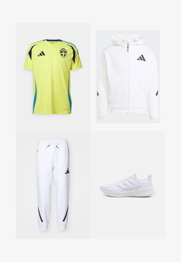 Felpa bianca con zip e cappuccio. Presenta un logo nero e dettagli neri sulle spalle. Realizzata in materiale morbido, con una texture liscia. Tasche frontali incluse.; Maglia sportiva gialla con accenti blu, design a scollo a V, maniche corte e logo della nazionale svedese. Realizzata in materiale traspirante con motivo testurizzato.; Pantaloni da jogging bianchi con dettagli neri, realizzati in tessuto morbido, dotati di vita elasticizzata, chiusura con cordoncino e tasche laterali.; Scarpe sportive bianche con tomaia in mesh texturato, suola ammortizzata e supportiva, e design a tre strisce sul lato.
