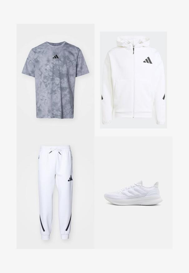 White zip-up hoodie with a hood. Features black logo and accents on shoulders. Made from soft material, smooth texture. Front pockets included.; Gray short-sleeve T-shirt with a tie-dye pattern, featuring a prominent black Adidas logo on the chest and a textured fabric.; White athletic joggers with black accents, made from soft fabric, featuring an elastic waistband, drawstring closure, and side pockets.; White athletic shoes featuring a textured mesh upper, supportive cushioned sole, and three stripe design on the side.