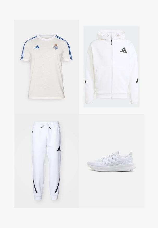 Biela mikina na zips s kapucňou. Obsahuje čierne logo a akcenty na pleciach. Vyrobená z mäkkého materiálu, hladkej textúry. Obsahuje predné vrecká.; Biely tričko Adidas s modrými pruhmi na pleciach, vyšívaným logom klubu na hrudi. Vyrobené z ľahkého materiálu, s krátkymi rukávmi.; Biele športové nohavice s čiernymi detailmi, vyrobené z jemnej látky, s elastickým pásom, sťahovaním na šnúrku a bočnými vreckami.; Biele športové topánky s textúrovanou sieťovinou na vrchu, podpornou a polstrovanou podrážkou a trojpruhovým dizajnom na boku.