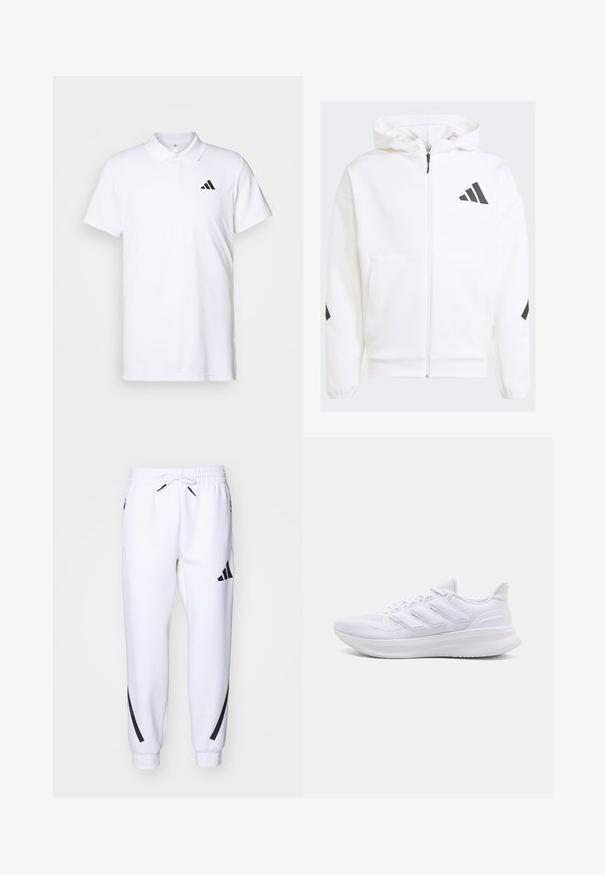 Weiße Zip-Hoodie mit Kapuze. Verfügt über schwarzes Logo und Akzente an den Schultern. Aus weichem Material mit glatter Textur gefertigt. Mit vorderen Taschen.; Weißes Polo-Shirt aus Baumwolle, mit Kragen und kurzen Ärmeln. Schwarzes Adidas-Logo auf der linken Brust. Glatte Textur.; Weiße sportliche Jogginghosen mit schwarzen Akzenten, aus weichem Stoff, mit elastischem Bund, Kordelzugverschluss und Seitentaschen.; Weiße Sportschuhe mit einem strukturierten Mesh-Obermaterial, einer stützenden gepolsterten Sohle und einem drei Streifen-Design an der Seite.