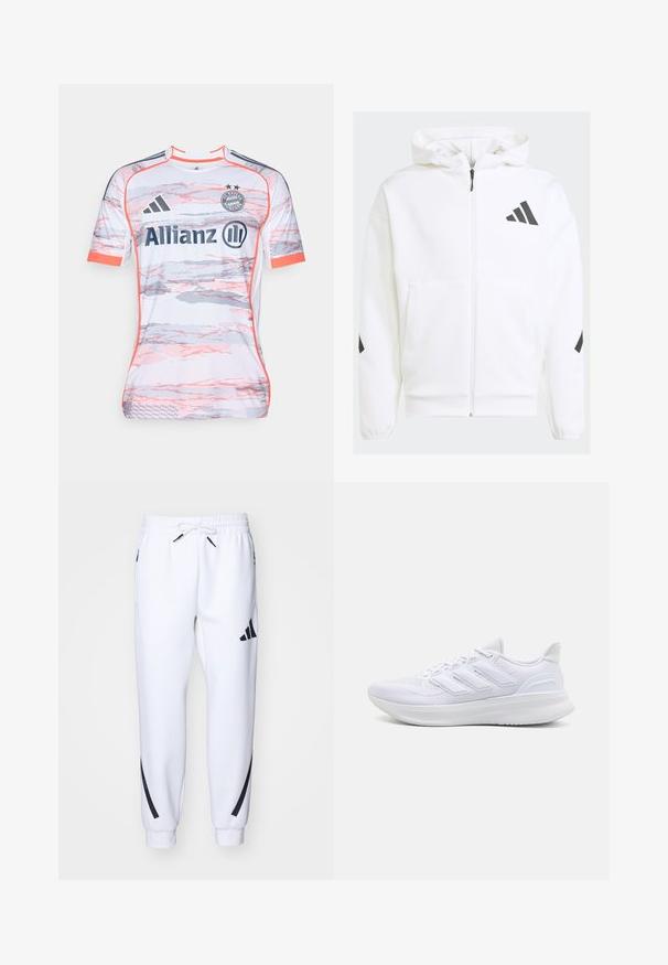 Biała bluza z zamkiem błyskawicznym i kapturem. Zawiera czarne logo oraz akcenty na ramionach. Wykonana z miękkiego materiału o gładkiej teksturze. Posiada kieszenie z przodu.; Biała koszulka piłkarska z różowymi i szarymi abstrakcyjnymi wzorami, z krótkimi rękawami, okrągłym dekoltem i logo Adidas. Wyraźnie widoczne logo "Allianz".; Białe sportowe joggery z czarnymi akcentami, wykonane z miękkiego materiału, z elastycznym paskiem w talii, zapięciem na sznurek i bocznymi kieszeniami.; Białe buty sportowe z teksturowaną siateczką na cholewce, wspierającą wyściółką i trzema paskami po boku.