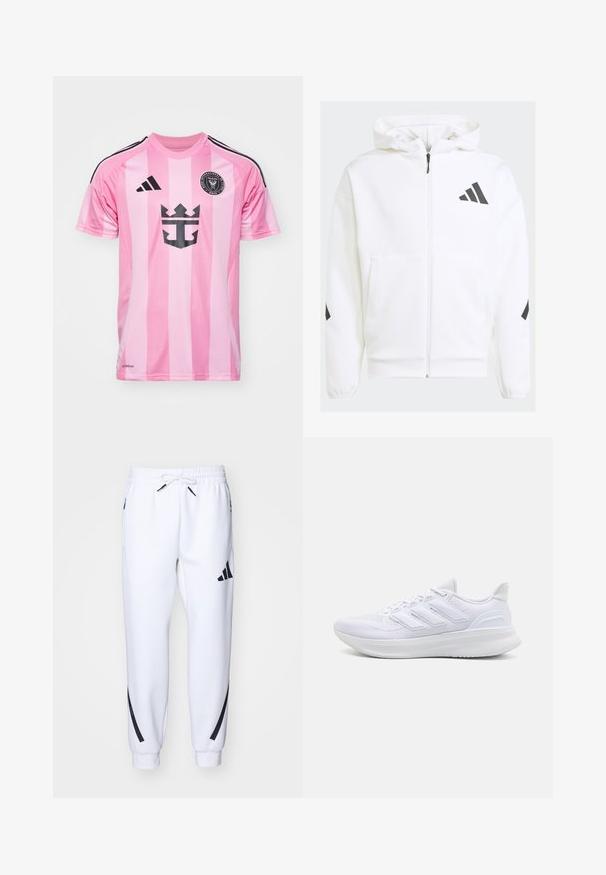 Sudadera blanca con cremallera y capucha. Presenta un logo negro y detalles en los hombros. Hecha de material suave, con textura lisa. Incluye bolsillos frontales.; Camiseta de fútbol rosa con rayas verticales, detalles en negro y un logo gráfico. Fabricada con tela transpirable, cuenta con mangas cortas y un cuello redondo.; Pantalones deportivos blancos con detalles en negro, confeccionados en una tela suave, que cuentan con una cintura elástica, cierre con cordón y bolsillos laterales.; Zapatillas deportivas blancas con una parte superior de malla texturizada, suela acolchada y soporte, y un diseño de tres rayas en el lateral.