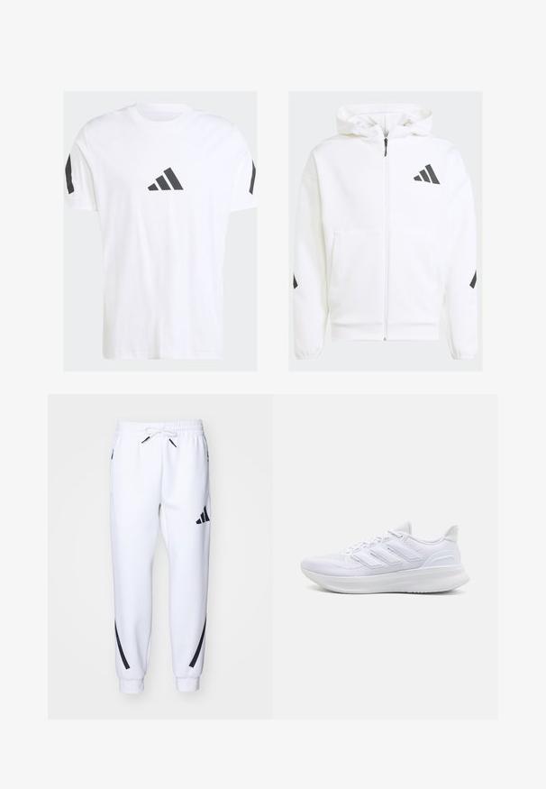 Felpa bianca con zip e cappuccio. Presenta un logo nero e dettagli neri sulle spalle. Realizzata in materiale morbido, con una texture liscia. Tasche frontali incluse.; T-shirt in cotone bianco con un logo triangolare nero sul petto, dettagli neri sulle spalle e un classico scollo rotondo.; Pantaloni da jogging bianchi con dettagli neri, realizzati in tessuto morbido, dotati di vita elasticizzata, chiusura con cordoncino e tasche laterali.; Scarpe sportive bianche con tomaia in mesh texturato, suola ammortizzata e supportiva, e design a tre strisce sul lato.
