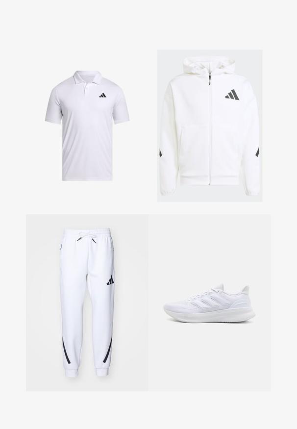 Weiße Zip-Hoodie mit Kapuze. Verfügt über schwarzes Logo und Akzente an den Schultern. Aus weichem Material mit glatter Textur gefertigt. Mit vorderen Taschen.; Weißes Polohemd aus atmungsaktivem Stoff mit Kragen, kurzen Ärmeln und einem schwarzen Adidas-Logo auf der linken Brust.; Weiße sportliche Jogginghosen mit schwarzen Akzenten, aus weichem Stoff, mit elastischem Bund, Kordelzugverschluss und Seitentaschen.; Weiße Sportschuhe mit einem strukturierten Mesh-Obermaterial, einer stützenden gepolsterten Sohle und einem drei Streifen-Design an der Seite.
