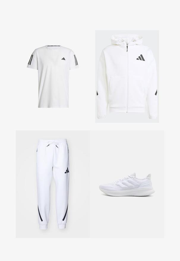 Hvid zip-up hættejakke med hætte. Har sort logo og accenter på skuldrene. Fremstillet af blødt materiale med glat tekstur. Foran er der lommer.; Hvid kortærmet T-shirt lavet af åndbart stof, med et sort trekantet logo og tre sorte striber på hver skulder.; Hvide atletiske joggingbukser med sorte accenter, lavet af blødt stof, med elastisk talje, snorelukning og sidelommer.; Hvide sportssko med en tekstureret mesh-overdel, en støttende polstret sål og et tre-stripes design på siden.