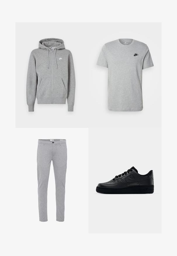 Hanorac gri cu fermoar, realizat dintr-un material moale. Dispune de o glugă cu șnur, două buzunare frontale și un mic logo alb pe piept.; Tricou gri cu mânecă scurtă, fabricat din bumbac, având un logo negru Nike pe piept și un decolteu rotund. Design minimalist, fără modele.; Pantaloni dintr-un amestec de bumbac gri, cu o croială slim, având fermoar la față, închidere cu nasture și buzunare standard pentru funcționalitate.; Adidașii negri Nike Air Force 1 cu un exterior din piele netedă, vârf perforat pentru respirabilitate, șireturi negre și o talpă din cauciuc texturată.