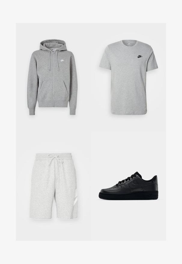 Camisola cinzenta com fecho de correr, feita de tecido macio. Possui capuz com cordão, dois bolsos frontais e um pequeno logótipo branco no peito.; T-shirt cinza de manga curta em algodão, com um logo preto da Nike no peito e um decote redondo. Design minimalista sem padrões.; Bermudas cinzentas de sweat para homem, feitas de algodão macio, com um cós elástico ajustável, bolsos laterais e um detalhe de logótipo branco.; Sapatilha Nike Air Force 1 preta com parte superior em couro liso, bico perfurado para respirabilidade, atacadores pretos e sola de borracha texturizada.