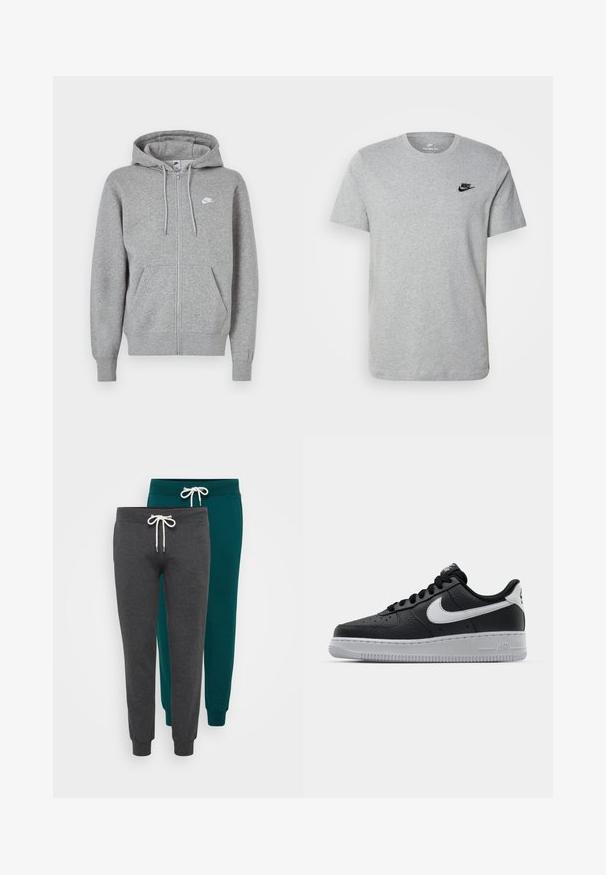 Grå hoodie med lynlås, lavet af blødt stof. Har snøre i hætten, to forlommer og en lille hvid logo på brystet.; Grå kortærmet T-shirt i bomuld med et sort Nike-logo på brystet og rund halsudskæring. Minimalistisk design uden mønstre.; To sæt joggebukser i mørkegrå og teal, lavet af blødt stof, med elastiske manchetter og snoreliv med hvide snore.; Sort lædersneaker med tekstureret overflade, hvid Nike swoosh, grå sål, rund tå og snørebåndsdesign. Har perforeringer på tåboksen.