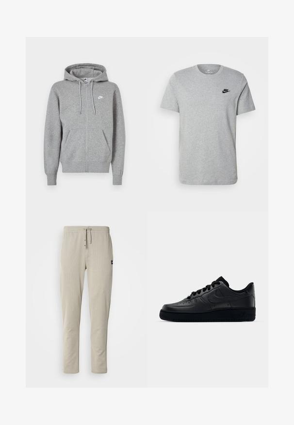 Sweat à capuche gris avec fermeture éclair, en tissu doux. Comprend une capuche avec cordon de serrage, deux poches avant et un petit logo blanc sur la poitrine.; T-shirt gris à manches courtes en coton, arborant un logo noir de Nike sur la poitrine et un col rond. Design minimaliste sans motifs.; Pantalons jogger beiges en tissu doux, avec une taille élastique, un cordon de serrage et deux poches avant. Design minimaliste avec des coutures latérales.; Baskets Nike Air Force 1 noires avec un dessus en cuir lisse, bout perforé pour la respirabilité, lacets noirs et semelle en caoutchouc texturé.
