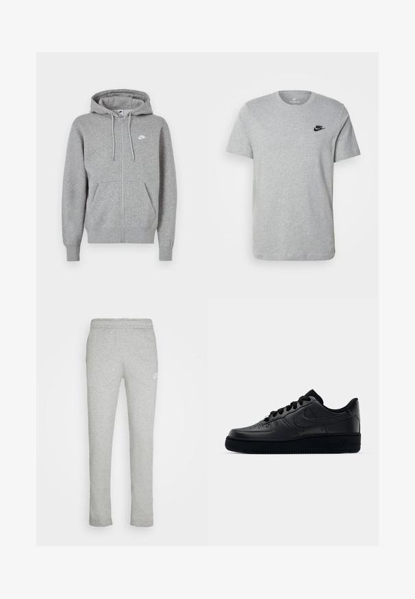 Grå huvtröja med dragkedja i mjukt tyg. Har en huva med dragsko, två framfickor och en liten vit logotyp på bröstet.; Grå kortärmad T-shirt i bomull, med en svart Nike-logotyp på bröstet och rund halsringning. Minimalistisk design utan mönster.; Grå sweatshirtbyxor tillverkade av mjukt material, med rak passform, elastisk midja och en liten vit logotyp på vänster lår.; Svart Nike Air Force 1-sneaker med en slät läderöverdel, perforerad tå för andningsförmåga, svarta snören och en strukturerad gummisula.