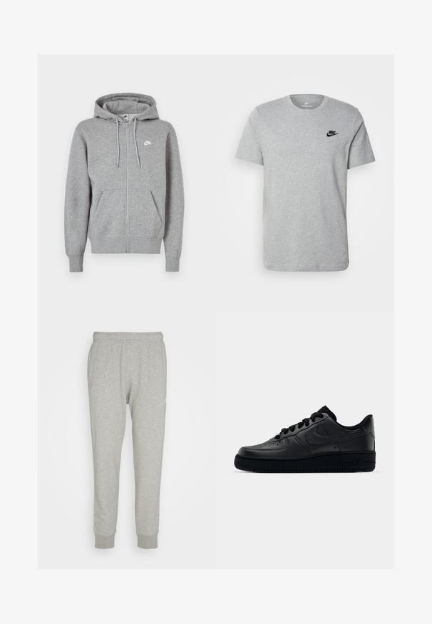 Grå hettegenser med glidelås laget av mykt stoff. Har snorstramming i hetten, to lommer foran, og en liten hvit logo på brystet.; Grå t-skjorte med kort erme laget av bomull, med en svart Nike-logo på brystet og rund halslinning. Minimalistisk design uten mønstre.; Grå joggebukser laget av myk bomullsblanding, med elastisk midjebånd, ribbestrikkede ermer og en liten logo akcent på forsiden.; Svart Nike Air Force 1-sneaker med en glatt skinnoverdel, perforert tå for pusteevne, svarte snørebånd og en teksturert gummisåle.