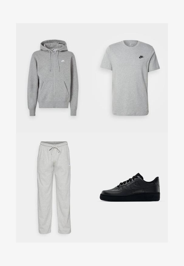 Grå hettegenser med glidelås laget av mykt stoff. Har snorstramming i hetten, to lommer foran, og en liten hvit logo på brystet.; Grå t-skjorte med kort erme laget av bomull, med en svart Nike-logo på brystet og rund halslinning. Minimalistisk design uten mønstre.; Lett grå joggebukser laget av mykt stoff. Har elastisk midjebånd med snøring og Nike-logo i svart på venstre lår.; Svart Nike Air Force 1-sneaker med en glatt skinnoverdel, perforert tå for pusteevne, svarte snørebånd og en teksturert gummisåle.