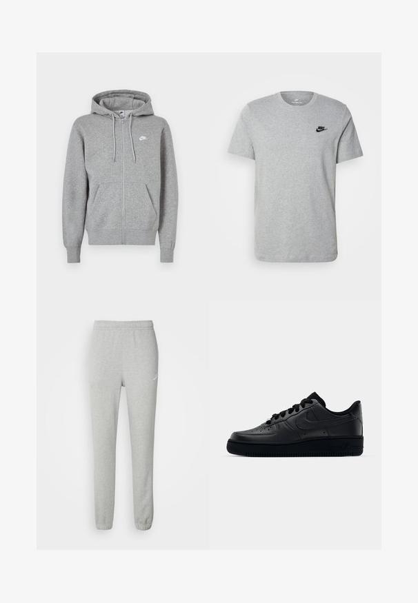 Pelēka rāvējslēdzēja džemperis ar kapuci, izgatavots no mīksta auduma. Aprīkots ar kapuci ar auklu, divām priekšējām kabatām un mazu baltu logotipu krūtīs.; Pelēka īsām piedurknēm T-kreklā, kas izgatavots no kokvilnas, ar melnu Nike logotipu uz krūtīm un apaļu dekoltē. Minimalistiska dizaina bez rakstiem.; Pelēki sporta bikses, izgatavotas no mīkstas auduma, ar elastīgu jostu un piedurknēm, uz priekšpuses ir mazs zils Nike logo.; Melni Nike Air Force 1 apavi ar gludu ādas virsu, perforētu purngalu gaisa caurlaidībai, melnām šņorēm un teksturētu gumijas zoli.