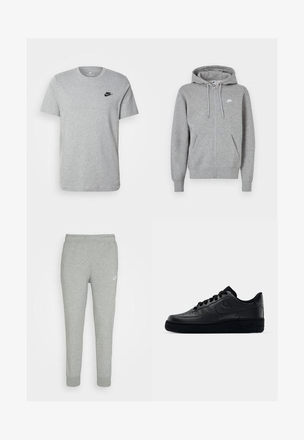 Pilkas užsegamas užtrauktuku džemperis, pagamintas iš minkštos medžiagos. Turi raištelį prie gaubto, dvi priekinės kišenės ir nedidelį baltą logotipą ant krūtinės.; Pilkas trumpas rankovėmis marškinėliai iš medvilnės, su juodu Nike logotipu krūtinėje ir apvaliu iškirpimu. Minimalistinis dizainas be raštų.; Pilki sportiniai kelnių, pagaminti iš minkštos medžiagos, su siaurėjantis kojų dizainu, elastingu juosmeniu ir mažuoju baltu Nike logotipu kairėje šlaunies pusėje.; Juodi Nike Air Force 1 sportbačiai su lygia odine viršutine dalimi, perforuotu kepurėle kvėpuojamumui, juodomis raištelėmis ir tekstūruotu guminį padu.
