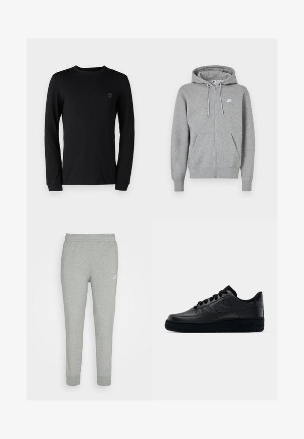 Grijze hoodie met ritssluiting, gemaakt van zachte stof. Voorzien van een capuchon met trekkoord, twee zakken aan de voorkant en een klein wit logo op de borst.; Zwarte lange mouwen T-shirt gemaakt van zachte katoen, met een ronde hals en een subtiele logo op de borst. Voorzien van standaard manchetten.; Grijze trainingsbroek van zacht materiaal, met een taps toelopend ontwerp, elastische tailleband en klein wit Nike-logo op de linker bovenbeen.; Zwarte Nike Air Force 1 sneaker met een gladde leren bovenkant, geperforeerde neus voor ademend vermogen, zwarte veters en een getextureerde rubberen zool.