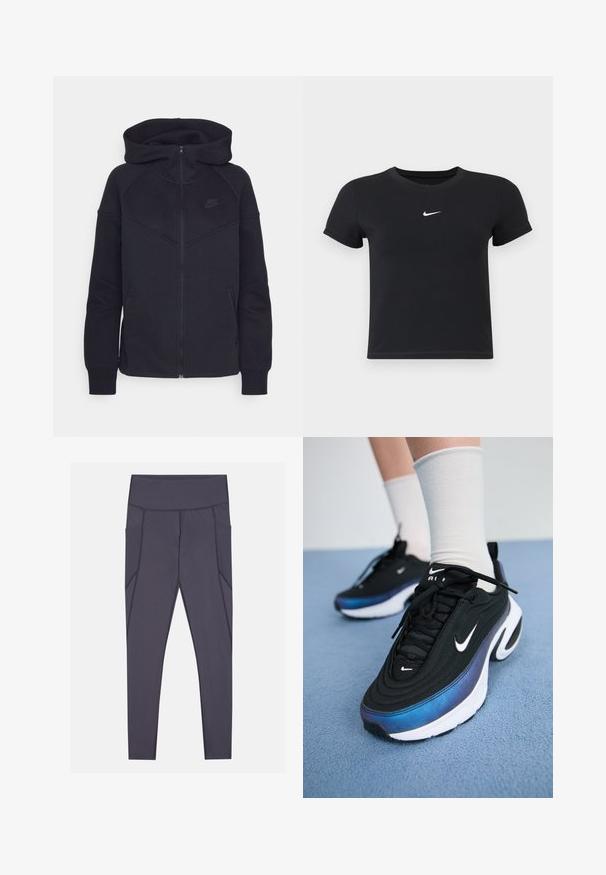 Sort lynlås hoodie lavet af blødt stof, med høj krave, hætte og sidelommer med lynlås; inkluderer et lille sort Nike-logo på brystet.; Sort kortærmet t-shirt lavet af bomuld med rund hals. Har et hvidt Nike-logo på brystet, minimalistisk design og tætsiddende pasform.; Mørkegrå leggings med høj talje, der har sidelommer og strukturerede syninger. Fremstillet af strækbart, åndbart stof.; Sorte Nike sneakers med en glat stofoverdel, der har et gradientblåt til sort design, hvid sål og markante logo detaljer.