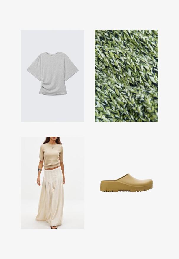 Nertos audinys įvairių žalių atspalvių su baltomis akcentais. Tekstūra švelni ir pūkuota, su įsuktais siūlais, suteikiančiais gylio.; Pilkai šviesus trumpas rankovė T-palaidinė su apvaliu kaklu ir lengvu šoniniu raukinėjimu, padėta plokščiai baltame fone.; Bežinis megztas trumpomis rankovėmis viršus, derinamas su ilga, plazdančia kreminės spalvos sijonu, turinčiu vertikalių raukšlių ir švelnios tekstūros.; Geltonos guminės šlepetės su lygiu paviršiumi, atvira nugara ir storu, tekstūruotu padu su horizontaliomis grioveliais. Sukurtos patogumui ir ilgaamžiškumui.