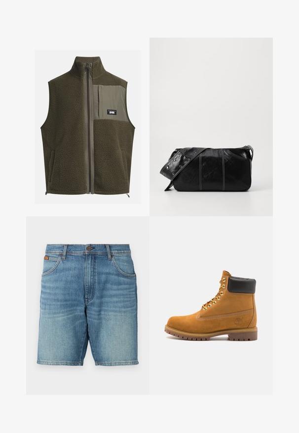 Fleecevest i mørk olivengrønn med høy krage, glidelås og lomme på venstre bryst. Har teksturert stoff og sidelommer.; Kremfarget bomulls T-skjorte med korte ermer og rund hals. Har et grafisk trykk i blått og rødt med tekst og et motiv.; Lys blåvaskede denimshorts med klassisk 5-lommers design, knaplukning og subtilt slid. Ren søm og synlig tekstur.; Beige semskede ankelstøvel med svart polstret krage, gullmetalløyer, hvite sømdetaljer og robust gummisåle med påfallende mønster.; Svart lær skulderveske med glidelås, med teksturert overflate, hvite sømmer og en stropp med sølvringer.
