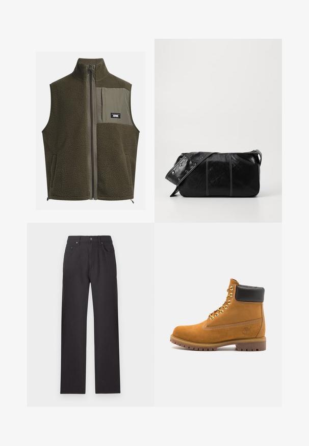 Fleece-Weste in dunkelolivgrün mit hohem Kragen, Reißverschluss und einer linken Brusttasche. Verfügt über texturierten Stoff und seitliche Taschen.; Cremfarbendes Baumwoll-T-Shirt mit kurzen Ärmeln und Rundhalsausschnitt. Verfügt über einen grafischen Druck in Blau und Rot mit Text und Motiv.; Schwarze Jeans mit geradem Schnitt, sichtbaren Nähten, fünf Taschen und einem Knopfverschluss an der Taille. Glatte Textur.; Beige Wildleder-Ankle-Boot mit schwarzem gepolstertem Kragen, goldenen Metallösen, weißen Nähdetalben und einer robusten Gummisohle mit ausgeprägtem Profil.; Schwarze Leder Schultertasche mit Reißverschluss, ausgestattet mit einer strukturierten Oberfläche, weißen Nähten und einem Tragegurt mit silbernen Ösen.