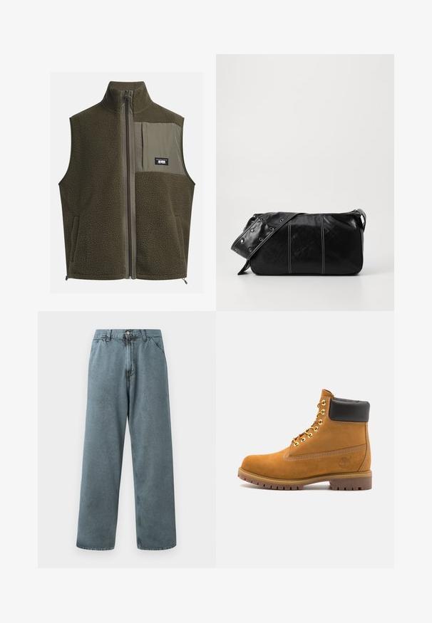 Tumeoliivroheline fliistekiga vest, millel on kõrge krae, lukuga sulgemine ja vasakul rinnal tasku. Omab tekstuuriga materjali ja küljetaskuid.; Kreemikollane puuvillane T-särk lühikeste varrukatega ja ümara kaelusega. Omab sinist ja punast graafilist trükist, millel on tekst ja motiiv.; Heledad sinine denim-püksid sirge säärega, klassikalise nööbiga kinnituse ja viie tasku disainiga. Pehme tekstuur ja minimaalsed õmblusdetailid.; Küpset tan suede sääreboot musta pehmea kraega, kuldsed metallist silmad, valge õmblemise detailid ja robustne kummist tallaga, millel on väljendunud mustrid.; Must mustra nahkainine õlakott, millel on tõmblukk, tekstureeritud pind, valged õmblused ja rihm hõbedaste rõngastega.