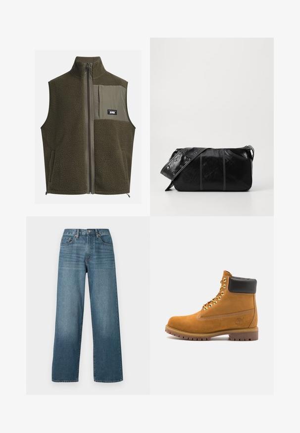 Gilet in pile di colore verde oliva scuro con colletto alto, chiusura a zip e tasca sul petto a sinistra. Caratterizzato da un tessuto testurizzato e tasche laterali.; T-shirt in cotone crema con maniche corte e scollatura a girocollo. Presenta una stampa grafica in blu e rosso con testo e un motivo.; Jeans in denim blu scuro a gamba larga con chiusura a bottone, passanti per cintura e una texture sbiadita. Presentano cinque tasche e cuciture a contrasto.; Stivale alla caviglia in suede tan con collare imbottito nero, occhielli in metallo dorato, dettagli in cucitura bianca e suola in gomma robusta con battistrada pronunciato.; Borsa a spalla in pelle nera con chiusura a zip, caratterizzata da un corpo testurizzato, cuciture bianche e una tracolla con occhielli in argento.