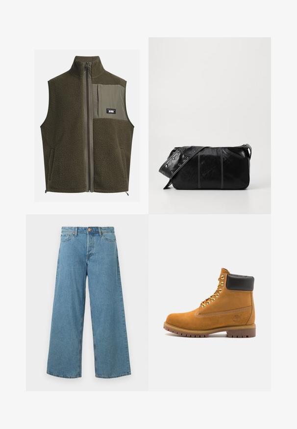 Kamizelka polarowa w ciemnej oliwkowej zieleni, z wysokim kołnierzem, zapięciem na zamek i kieszonką na lewej piersi. Posiada teksturowany materiał oraz kieszenie boczne.; Kremowa bawełniana koszulka z krótkim rękawem i okrągłym dekoltem. Posiada graficzny nadruk w niebieskim i czerwonym kolorze z tekstem oraz motywem.; Jasnoniebieskie dżinsy z szerokimi nogawkami, z guzikami z przodu i kieszeniami, prezentowane na jednolitym białym tle.; Beżowe zamszowe botki sięgające kostki z czarną wyściełaną krawędzią, złotymi oczkami, białymi detalami szycia oraz wytrzymałą gumową podeszwą z wyraźnym bieżnikiem.; Czarna skórzana torba na ramię z zamkiem błyskawicznym, charakteryzująca się teksturowanym korpusem, białymi przeszyciami oraz paskiem z srebrnymi osłonkami.