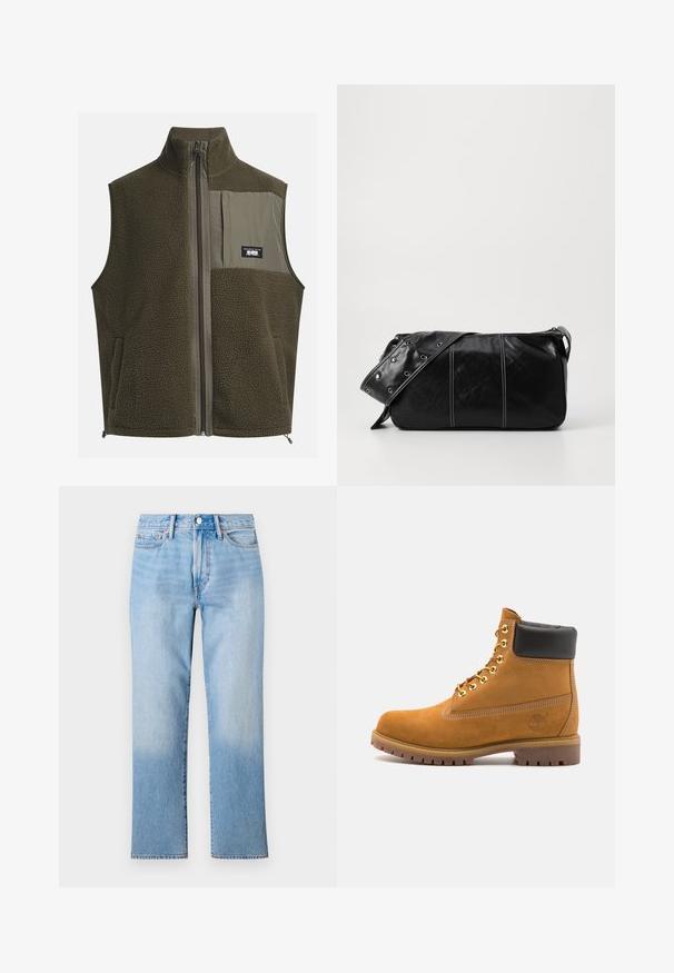 Tamsiai alyvuogių žalia vilnonė liemenė su aukštu apykakle, užtrauktuku ir kairiuoju krūtinės kišeniu. Yra tekstūruota medžiaga ir šoninės kišenės.; Kreminės spalvos medvilninė marškinė su trumptomis Rankovėmis ir apvaliu iškirpimu. Su grafiniu spausdinimu mėlynos ir raudonos spalvos su tekstu ir motyvu.; Šviesiai mėlyni džinsai su tiesiais šonais, turintys išblukusį plovimą, standartinį penkių kišenių stilių ir klasikį mygtuko uždarymą.; Tan spalvą turintys suknelės batus iki kulkšnies su juodu paminkštintu apvadu, auksiniais metaliniais akių užsegimais, baltais siūlų dekoratyviniais elementais ir tvirtu guminiu padu su ryškiai išreikštais raštais.; Juodas odinis pečių krepšys su užtrauktuku, turintis tekstūruotą paviršių, baltą siuvinėjimą ir dirželį su sidabinėmis metalinėmis detalėmis.