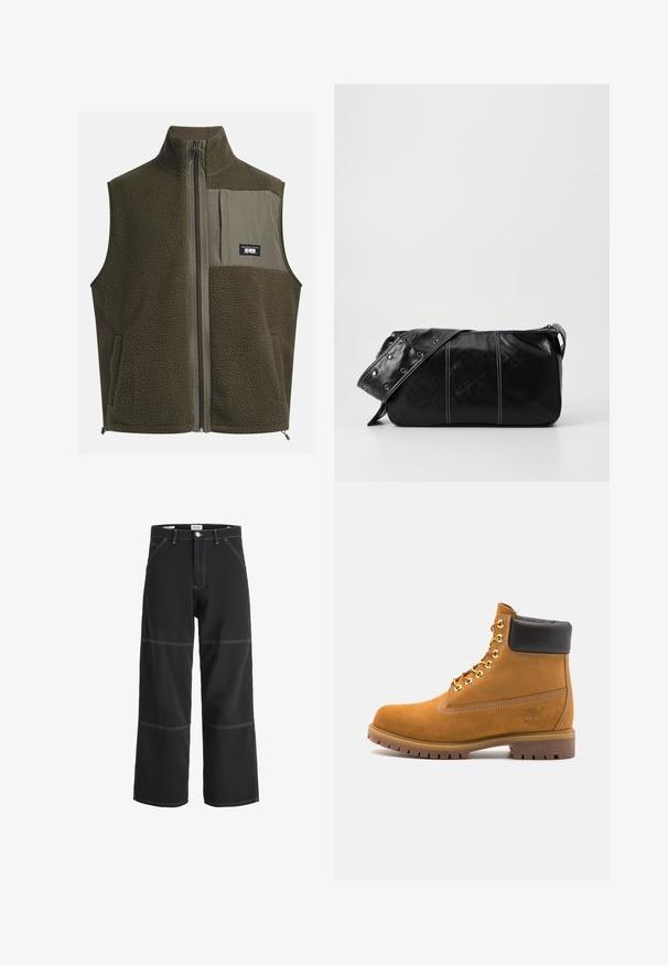 Fleecevest i mørk olivenfarve med høj krave, lynlåslukning og brystlomme til venstre. Har tekstureret stof og sidelommer.; Cremefarvet bomulds t-shirt med korte ærmer og rund halsudskæring. Har et grafisk print i blåt og rødt med tekst og motiv.; Sort brede bukser lavet af slidstærkt stof, med kontrasterende hvid syning, to forlommer og en enkelt knaplukning i taljen.; Tan nubuck ankelstøvle med sort polstret krave, gyldne metaløjer, hvid syning detaljer og robust gummisål med udtalte slidbaner.; Sort læder skuldertaske med lynlås, der har en tekstureret overflade, hvid syning og en rem med sølvøskner.