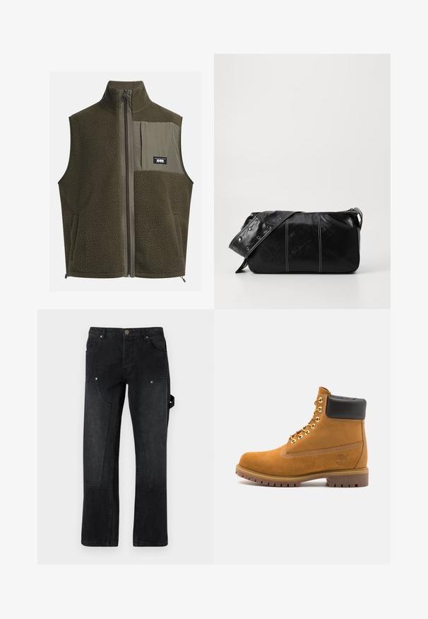 Gilet in pile di colore verde oliva scuro con colletto alto, chiusura a zip e tasca sul petto a sinistra. Caratterizzato da un tessuto testurizzato e tasche laterali.; T-shirt in cotone crema con maniche corte e scollatura a girocollo. Presenta una stampa grafica in blu e rosso con testo e un motivo.; Pantaloni in denim nero a gamba dritta, con due tasche frontali, cuciture in vista e un dettaglio con cintura laterale.; Stivale alla caviglia in suede tan con collare imbottito nero, occhielli in metallo dorato, dettagli in cucitura bianca e suola in gomma robusta con battistrada pronunciato.; Borsa a spalla in pelle nera con chiusura a zip, caratterizzata da un corpo testurizzato, cuciture bianche e una tracolla con occhielli in argento.