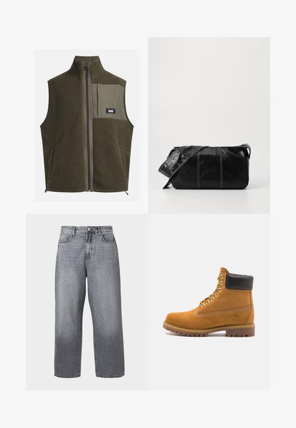 Kamizelka polarowa w ciemnej oliwkowej zieleni, z wysokim kołnierzem, zapięciem na zamek i kieszonką na lewej piersi. Posiada teksturowany materiał oraz kieszenie boczne.; Kremowa bawełniana koszulka z krótkim rękawem i okrągłym dekoltem. Posiada graficzny nadruk w niebieskim i czerwonym kolorze z tekstem oraz motywem.; Szare dżinsowe spodnie w szerokim kroju z wysokim stanem, pięcioma kieszeniami i metalowym zapięciem. Materiał ma lekki efekt przetarcia przy dołach.; Beżowe zamszowe botki sięgające kostki z czarną wyściełaną krawędzią, złotymi oczkami, białymi detalami szycia oraz wytrzymałą gumową podeszwą z wyraźnym bieżnikiem.; Czarna skórzana torba na ramię z zamkiem błyskawicznym, charakteryzująca się teksturowanym korpusem, białymi przeszyciami oraz paskiem z srebrnymi osłonkami.