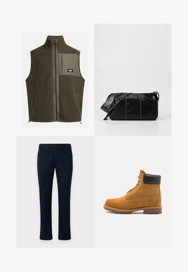 Colete de fleece em verde oliva escuro com colarinho alto, fecho de zip e bolso no lado esquerdo do peito. Apresenta tecido texturizado e bolsos laterais.; Camiseta de algodão creme com mangas curtas e decote redondo. Apresenta uma estampa gráfica em azul e vermelho com texto e um motivo.; Calças de ganga azul-marinho com um corte justo, apresentando um design clássico de cinco bolsos e costuras subtis. Textura suave e sem adornos.; Botim de tornozelo em camurça bege com colarinho acolchoado preto, ilhós de metal dourado, detalhes de costura branca e sola de borracha robusta com sulcos pronunciados.; Bolsa de ombro em couro preto com fecho em zíper, apresentando um corpo texturizado, costura branca e uma alça com ilhós prateados.