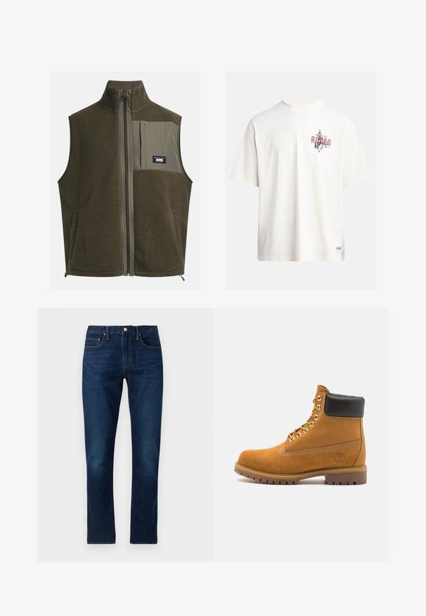 Colete de fleece em verde oliva escuro com colarinho alto, fecho de zip e bolso no lado esquerdo do peito. Apresenta tecido texturizado e bolsos laterais.; Camiseta de algodão creme com mangas curtas e decote redondo. Apresenta uma estampa gráfica em azul e vermelho com texto e um motivo.; Jeans de ganga azul escuro com corte reto. As características incluem costura em contraste, cinco bolsos e um fecho frontal com botão.; Botim de tornozelo em camurça bege com colarinho acolchoado preto, ilhós de metal dourado, detalhes de costura branca e sola de borracha robusta com sulcos pronunciados.