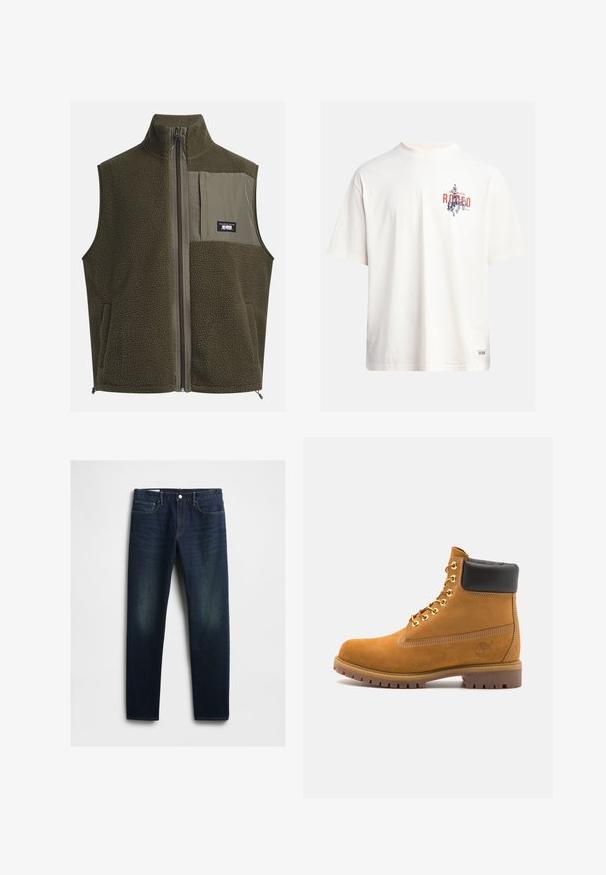 Fleeceväst i mörk olivgrön med hög krage, dragkedjestängning och ficka på vänster bröst. Har texturerat tyg och sidofickor.; Krämfärgad bomullst-shirt med korta ärmar och rundad halsringning. Har ett grafiskt tryck i blått och rött med text och ett motiv.; Mörkblå denimjeans med rak passform, som har fem fickor, knappgylf och subtila blekningar på låren. Klassisk sömnadsdetalj.; Tan mockasins ankelstövlar med svart vadderad krage, guldmetallöglor, vit sömdekor och slitstöt gummisula med utmärkta mönster.