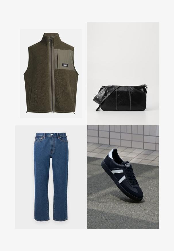 Chaleco de forro polar en verde oliva oscuro con cuello alto, cierre de cremallera y bolsillo en el pecho izquierdo. Presenta tejido texturizado y bolsillos laterales.; Camiseta de algodón crema con mangas cortas y cuello redondo. Presenta un estampado gráfico en azul y rojo con texto y un motivo.; Vaqueros rectos azul hechos de mezclilla, con cierre de botón, cinco bolsillos y detalles de costuras naranjas contrastantes.; Zapatilla de cuero negra con rayas blancas, suela de goma texturizada y parte frontal con cordones. Cuenta con una etiqueta de marca en la lengüeta.; Bolso de hombro de cuero negro con cierre de cremallera, que presenta un cuerpo texturizado, costuras blancas y una correa con ojales plateados.