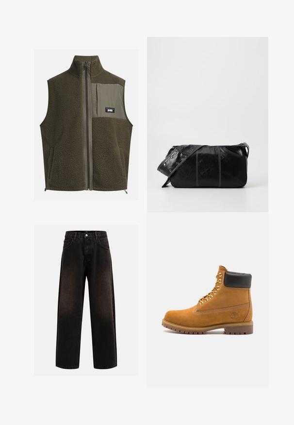 Fleeceväst i mörk olivgrön med hög krage, dragkedjestängning och ficka på vänster bröst. Har texturerat tyg och sidofickor.; Krämfärgad bomullst-shirt med korta ärmar och rundad halsringning. Har ett grafiskt tryck i blått och rött med text och ett motiv.; Svarta denimjeans med avslappnad passform, med bälteshällor, femfickorsdesign och knäppning. Texturerad tyg med lätt blekning.; Tan mockasins ankelstövlar med svart vadderad krage, guldmetallöglor, vit sömdekor och slitstöt gummisula med utmärkta mönster.; Svart läder axelväska med dragkedjestängning, som har en texturerad yta, vit sömnad och ett bälte med silveröglor.