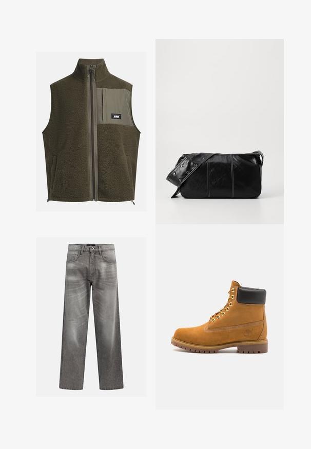 Fleeceveste i mørk olivengrøn med høj krave, lynlås lukning og venstre brystlomme. Har struktureret stof og sidelommer.; Kerman puuvillane T-särk lühikeste varrukatega ja ümmarguse kaelusega. Omab sinist ja punast graafilist trükist tekstiga ja motiiviga.; Harmaat farkut löysällä istuvuudella, joissa on kulutuksia ja haalistumisia, klassinen viisi taskua -design ja nappikiinnitys.; Valkoinen nahkainen nilkkuri mustalla pehmustetulla kauluksella, kultaisilla metallisilla rei'illä, valkoisella ompeluksella ja jykevällä kumipohjalla, jossa on selvästi näkyvät urat.; Mustakulmainen nahkainen olkalaukku, jossa on vetoketjukiinnitys, teksturoitu pinta, valkoiset ompeleet ja hihna, jossa on hopeiset niitit.