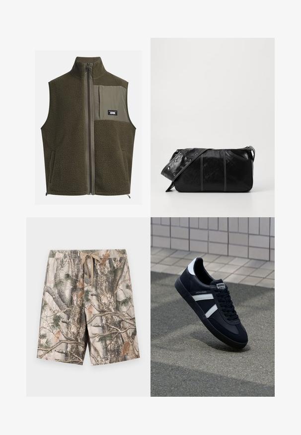 Gilet en polaire de couleur vert olive foncé avec un col haut, fermeture éclair et poche sur la poitrine gauche. Il présente un tissu texturé et des poches latérales.; T-shirt en coton crème à manches courtes et col rond. Présente un imprimé graphique en bleu et rouge avec du texte et un motif.; Shorts à motif camouflage en tissu léger ; dotés d'une taille élastique avec cordon de serrage ; les couleurs incluent le beige, le marron et le vert.; Sneaker en cuir noir avec des rayures blanches, semelle en caoutchouc texturée et devant à lacets. Présente une étiquette de marque sur la languette.; Sac à épaule en cuir noir avec une fermeture éclair, doté d'un corps texturé, de coutures blanches et d'une sangle avec des œillets en argent.
