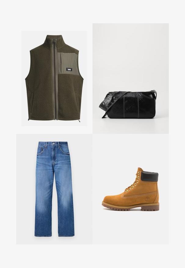 Fleecevest i mørk olivengrønn med høy krage, glidelås og lomme på venstre bryst. Har teksturert stoff og sidelommer.; Kremfarget bomulls T-skjorte med korte ermer og rund hals. Har et grafisk trykk i blått og rødt med tekst og et motiv.; Lyseblå denimjeans med bred benpassform, som har fem lommer, knapp i fronten, og subtile falminger foran.; Beige semskede ankelstøvel med svart polstret krage, gullmetalløyer, hvite sømdetaljer og robust gummisåle med påfallende mønster.; Svart lær skulderveske med glidelås, med teksturert overflate, hvite sømmer og en stropp med sølvringer.