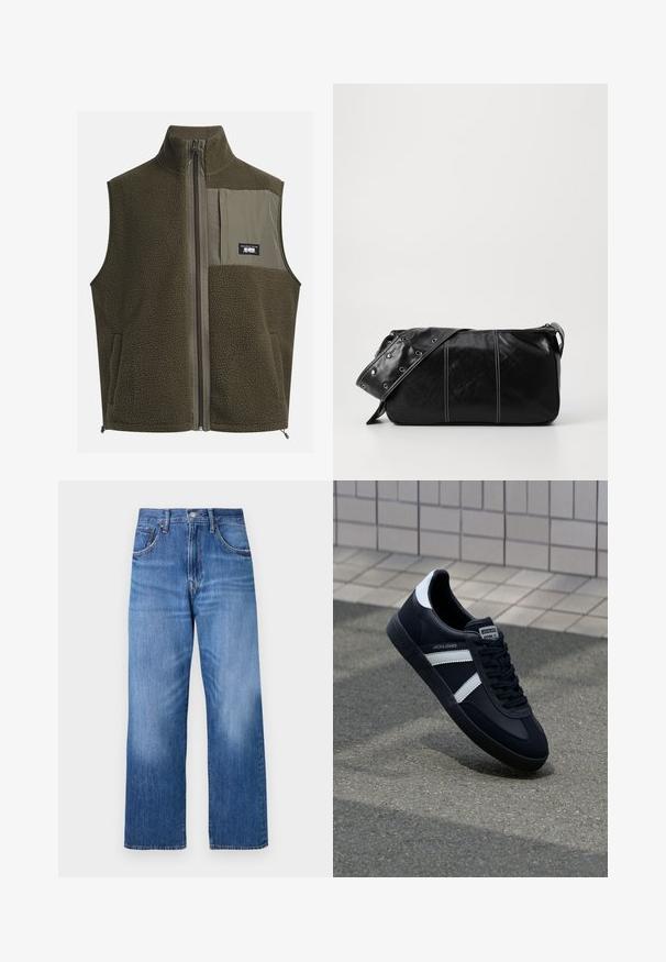 Chaleco de forro polar en verde oliva oscuro con cuello alto, cierre de cremallera y bolsillo en el pecho izquierdo. Presenta tejido texturizado y bolsillos laterales.; Camiseta de algodón crema con mangas cortas y cuello redondo. Presenta un estampado gráfico en azul y rojo con texto y un motivo.; Jeans de mezclilla azul claro con un diseño de pierna ancha, que cuentan con cinco bolsillos, un cierre de botón en la parte delantera y un ligero desgaste en la parte frontal.; Zapatilla de cuero negra con rayas blancas, suela de goma texturizada y parte frontal con cordones. Cuenta con una etiqueta de marca en la lengüeta.; Bolso de hombro de cuero negro con cierre de cremallera, que presenta un cuerpo texturizado, costuras blancas y una correa con ojales plateados.