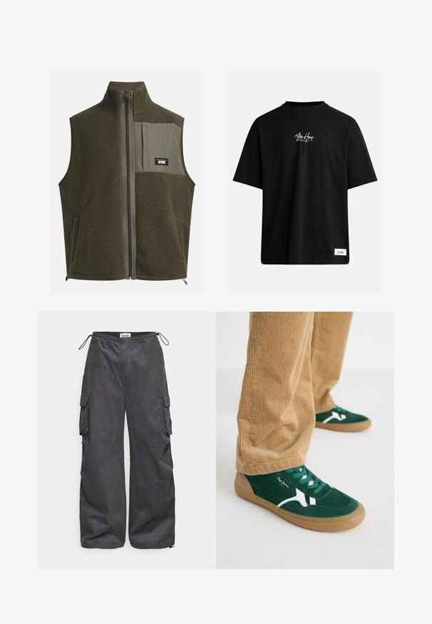 Sötét olíva zöld színű fleece mellény magas gallérral, cipzáras záródással és bal oldali mellzsebbe. Texturált anyaggal és oldalzsebekkel rendelkezik.; Fekete, rövid ujjú póló, amely 100% pamutból készült. A mellkason egy kis fehér logó található, és a jobb alsó részen egy téglalap alakú címke van.; Szürke cargo nadrág, texturált anyagból készült, rugalmas derékrésszel, zsinórral és oldalsó zsebekkel. Laza szabású, széles lábakkal.; Zöld velúr sportcipő fehér díszítéssel és zöld fűzőkkel. Gumitalp, kerek orr és bézs részletek a sarokon. Csíkos nadrággal viselve.