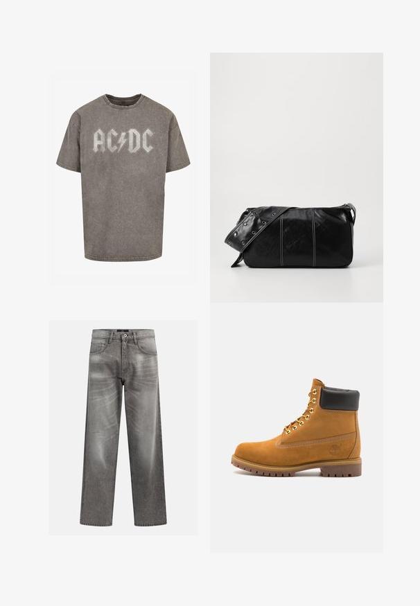 Fleece vest in donkergroen olijf met een hoge kraag, ritssluiting en een borstzak aan de linkerkant. Beschikt over een textuurstof en zijzakken.; Grijze oversized t-shirt van katoen met een vervaagde, versleten textuur. Bevat een opvallend AC/DC-logo in een contrasterende lichte kleur.; Grijze denims met een losse pasvorm, voorzien van whiskering en vervagingdetails, een klassieke vijf-pocketontwerp en een knoopsluiting.; Tan suède enkelboot met zwart gevoerd kraagje, gouden metalen oogjes, witte stikdetails en een robuuste rubberen zool met uitgesproken profiel.; Zwarte leren schoudertas met een ritsluiting, voorzien van een gestructureerd lichaam, witte stiksels en een band met zilveren oogjes.