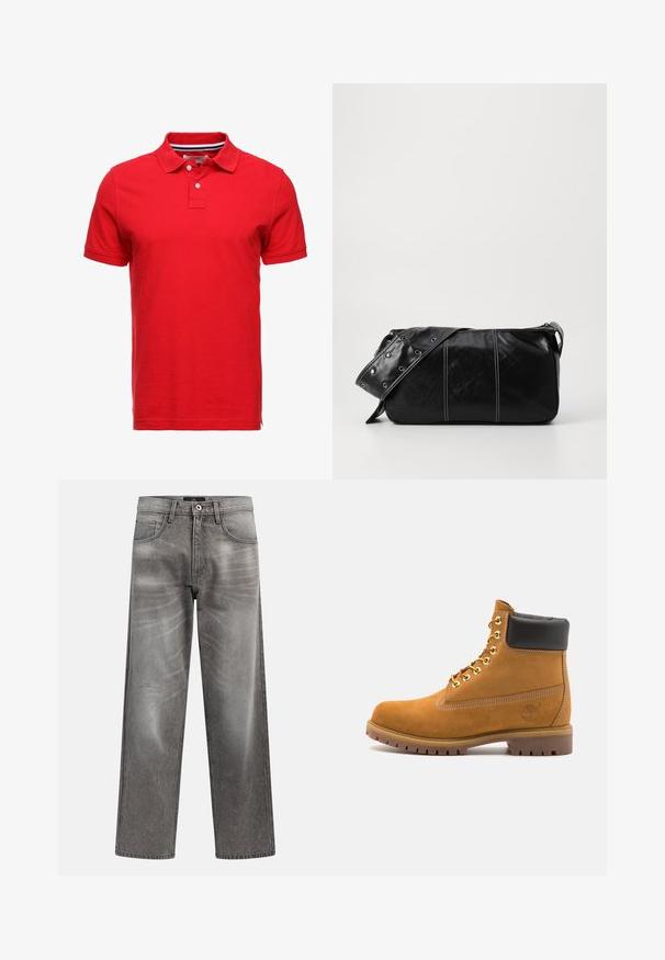 Fleecevest i mørk olivenfarve med høj krave, lynlåslukning og brystlomme til venstre. Har tekstureret stof og sidelommer.; Rød bomulds polo skjorte med krave, der har to knapper og en stribet inderkrave. Kortærmede og med standard pasform.; Grå denim vidde-ben jeans med et falmet look, klassisk design med fem lommer og lukning med metalknap. Tekstureret stof med subtile sliddetaljer.; Tan nubuck ankelstøvle med sort polstret krave, gyldne metaløjer, hvid syning detaljer og robust gummisål med udtalte slidbaner.; Sort læder skuldertaske med lynlås, der har en tekstureret overflade, hvid syning og en rem med sølvøskner.