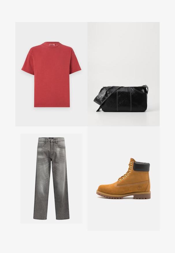 Vest din fleece de culoare verde măsliniu închis, cu guler înalt, închidere cu fermoar și buzunar pe pieptul stâng. Include un material texturat și buzunare laterale.; Tricou roșu din bumbac, cu guler rotund și mâneci scurte, având o textură moale și o croială lejeră. Fără modele vizibile sau detalii hardware.; Jeans din denim gri, cu o croială lejeră, având detalii de uzură și decolorare, un design clasic cu cinci buzunare și închidere cu buton.; Cizmă de gleznă din întoarsă de culoare bej, cu guler negru căptușit, ochiuri din metal auriu, detalii de cusătură albă și talpă din cauciuc robustă, cu un model pronunțat.; Geantă de umăr din piele neagră cu închidere cu fermoar, având un corp texturat, cusături albe și o curea cu ochiuri argintii.