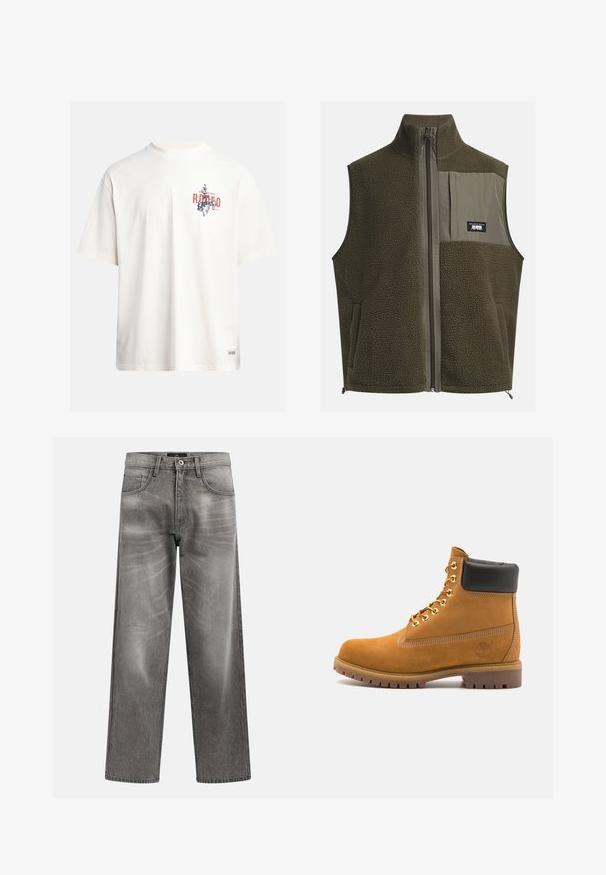 Fleece-Weste in dunkelolivgrün mit hohem Kragen, Reißverschluss und einer linken Brusttasche. Verfügt über texturierten Stoff und seitliche Taschen.; Cremfarbendes Baumwoll-T-Shirt mit kurzen Ärmeln und Rundhalsausschnitt. Verfügt über einen grafischen Druck in Blau und Rot mit Text und Motiv.; Grau melierte Jeans im weiten Schnitt mit einem verblassten Finish, klassischem Fünf-Taschen-Design und einem Metallknopfverschluss. Strukturierter Stoff mit dezenten Gebrauchsspuren.; Beige Wildleder-Ankle-Boot mit schwarzem gepolstertem Kragen, goldenen Metallösen, weißen Nähdetalben und einer robusten Gummisohle mit ausgeprägtem Profil.
