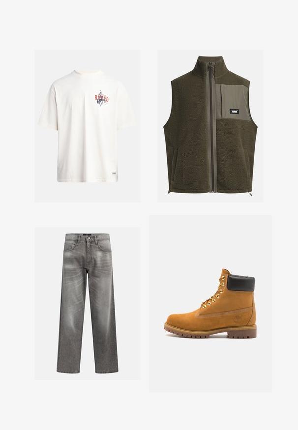 Fleece-Weste in dunkelolivgrün mit hohem Kragen, Reißverschluss und einer linken Brusttasche. Verfügt über texturierten Stoff und seitliche Taschen.; Cremfarbendes Baumwoll-T-Shirt mit kurzen Ärmeln und Rundhalsausschnitt. Verfügt über einen grafischen Druck in Blau und Rot mit Text und Motiv.; Graue Denim-Jeans mit losem Schnitt, versehen mit Abnutzungs- und Verwaschungsdetails, klassischem Fünf-Taschen-Design und Knopfverschluss.; Beige Wildleder-Ankle-Boot mit schwarzem gepolstertem Kragen, goldenen Metallösen, weißen Nähdetalben und einer robusten Gummisohle mit ausgeprägtem Profil.