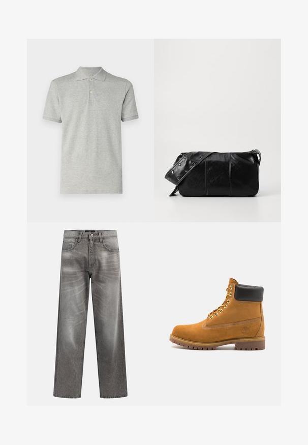 Colete de fleece em verde oliva escuro com colarinho alto, fecho de zip e bolso no lado esquerdo do peito. Apresenta tecido texturizado e bolsos laterais.; GAP Polo - heather grey; Calças largas em ganga cinzenta com acabamento desbotado, design clássico de cinco bolsos e fecho com botão metálico. Tecido texturizado com detalhes subtis de desgaste.; Botim de tornozelo em camurça bege com colarinho acolchoado preto, ilhós de metal dourado, detalhes de costura branca e sola de borracha robusta com sulcos pronunciados.; Bolsa de ombro em couro preto com fecho em zíper, apresentando um corpo texturizado, costura branca e uma alça com ilhós prateados.